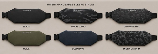 Interchangeable SwapBelt sleeve styles in multiple colors and patterns